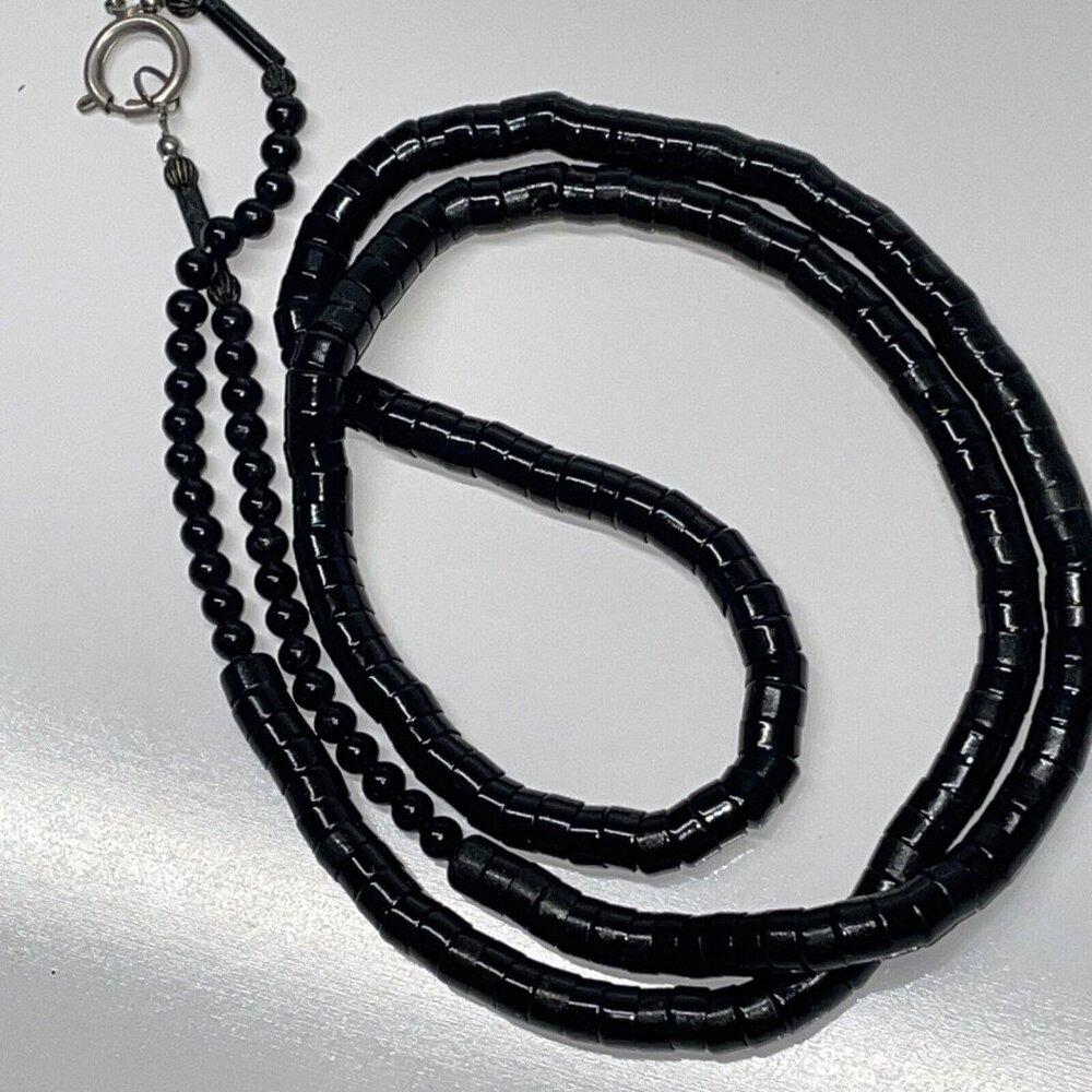 RARE Vintage Black Stacked‎ Snake Beads Long Necklace Unique!   SL17